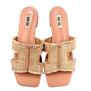 Bibi Lou Anthropologie Raffia Slide Sandals Size 38 7.5 Pink Tan Slip On
